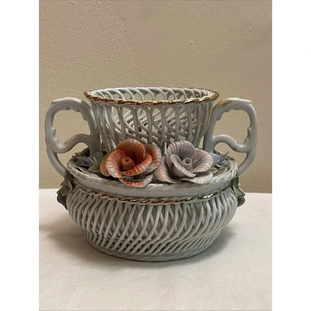 Vintage Porfin Cluj Napoca Reticulated Porcelain Basket Vase Romania Iris Flower
